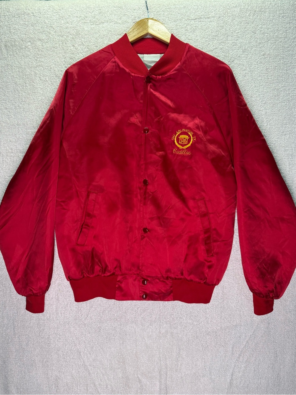 Men's Red Satin Bomber Jacket with Embroidered Crest